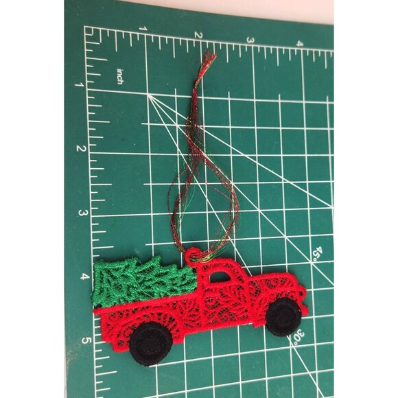 Embroidered Red Truck Christmas Ornaments Set Of 2 Handmade - Picture 5 of 8